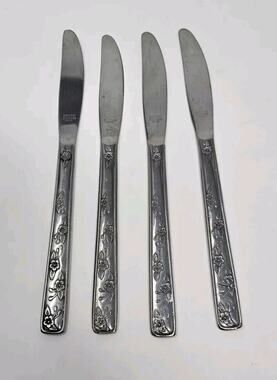 4 Vintage National Stainless Dinner Knives Floral Rare Print Japan Knife Flatwar